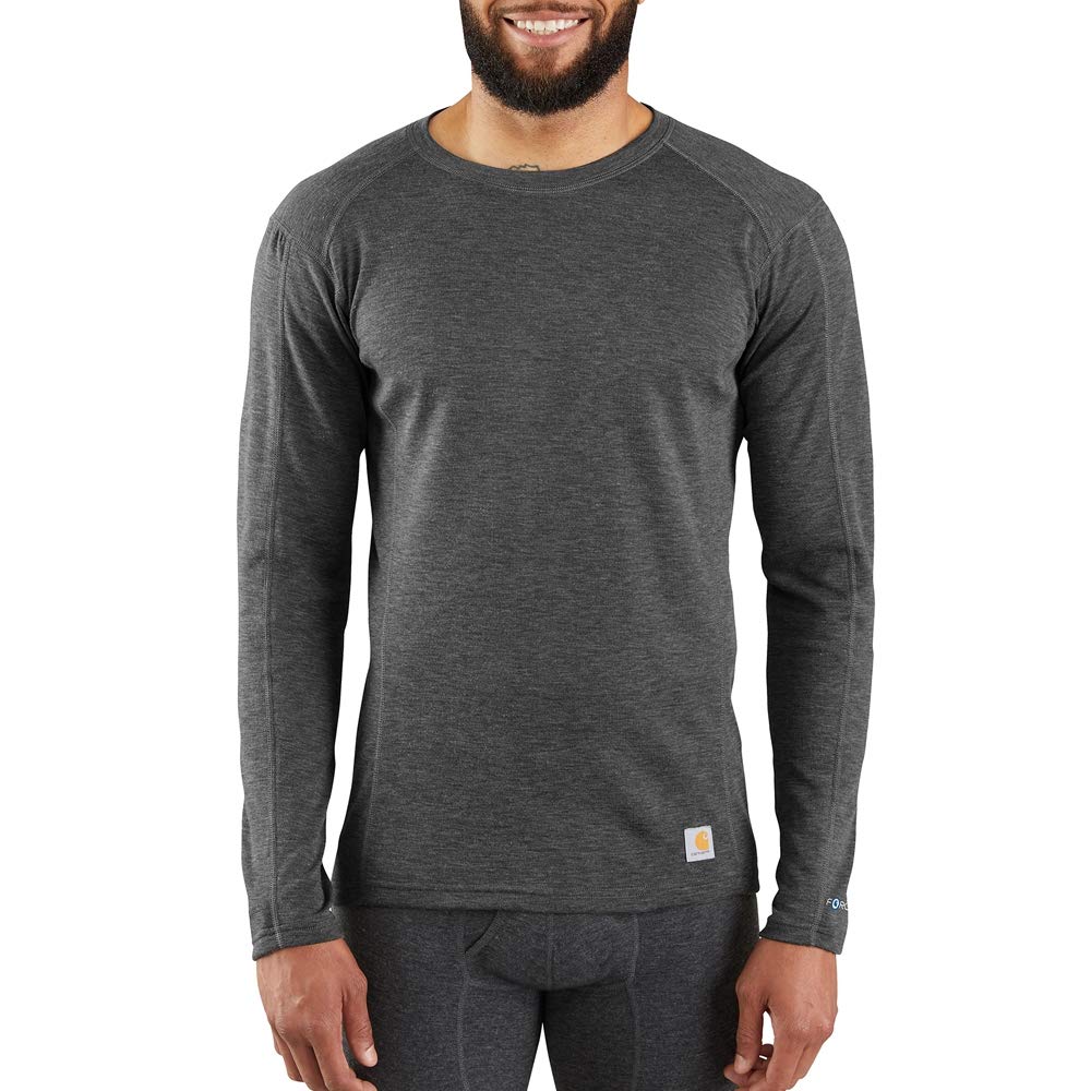 Carhartt Men's Force Midweight Synthetic-Wool Blend Base Layer Crewneck Pocket Top, Dark Black Heather