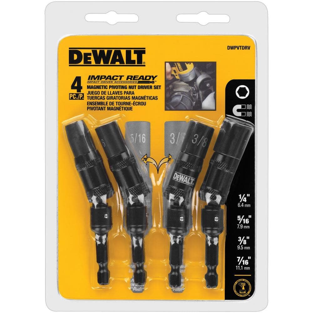 DEWALT DWPVTDRV 4-Piece Impact Ready Pivoting Nutsetters, 1/4-Inch, 5/16-Inch, 3/8-Inch, 7/16-Inch