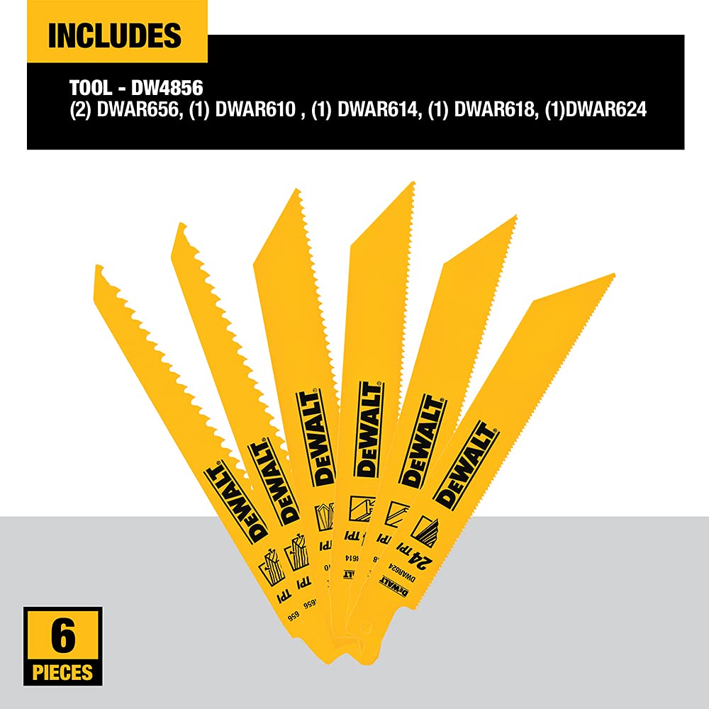 DEWALT DW4856 6pc Metal/Woodcutting Reciprocating Saw Blade Set, Metallic