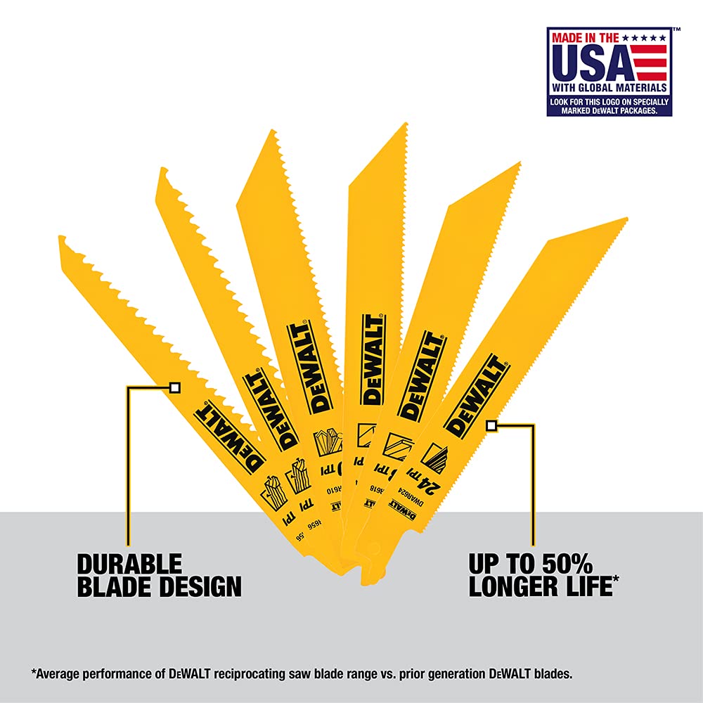 DEWALT DW4856 6pc Metal/Woodcutting Reciprocating Saw Blade Set, Metallic
