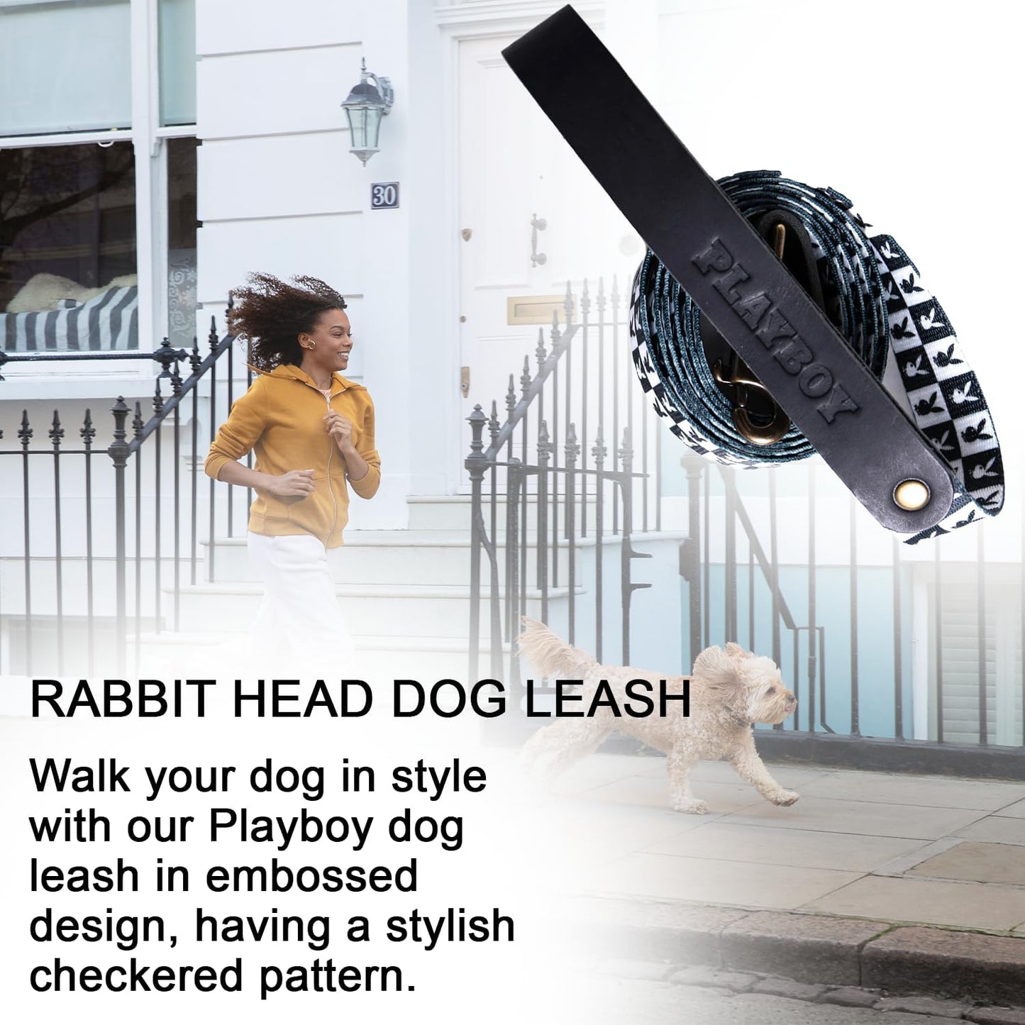 Playboy Checkered Repeating Rabbit Head Dog Leash Black