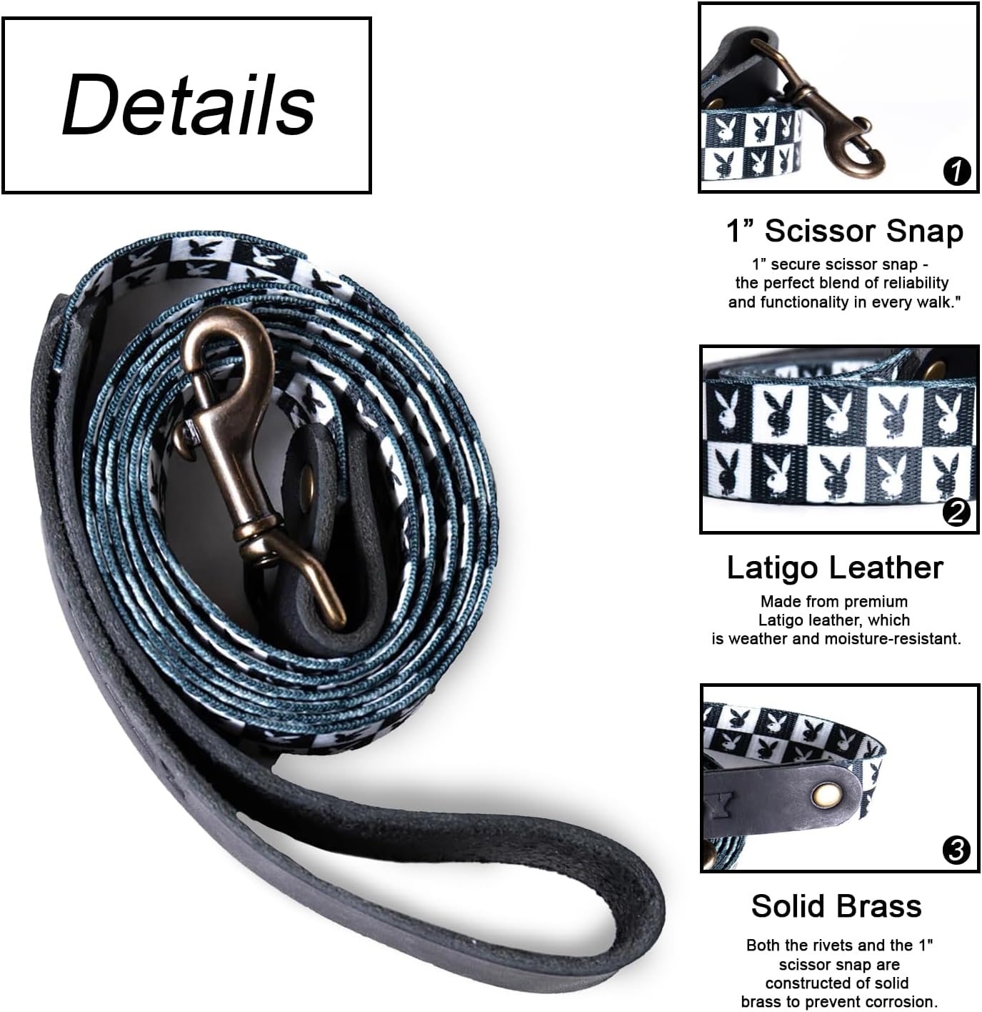 Playboy Checkered Repeating Rabbit Head Dog Leash Black