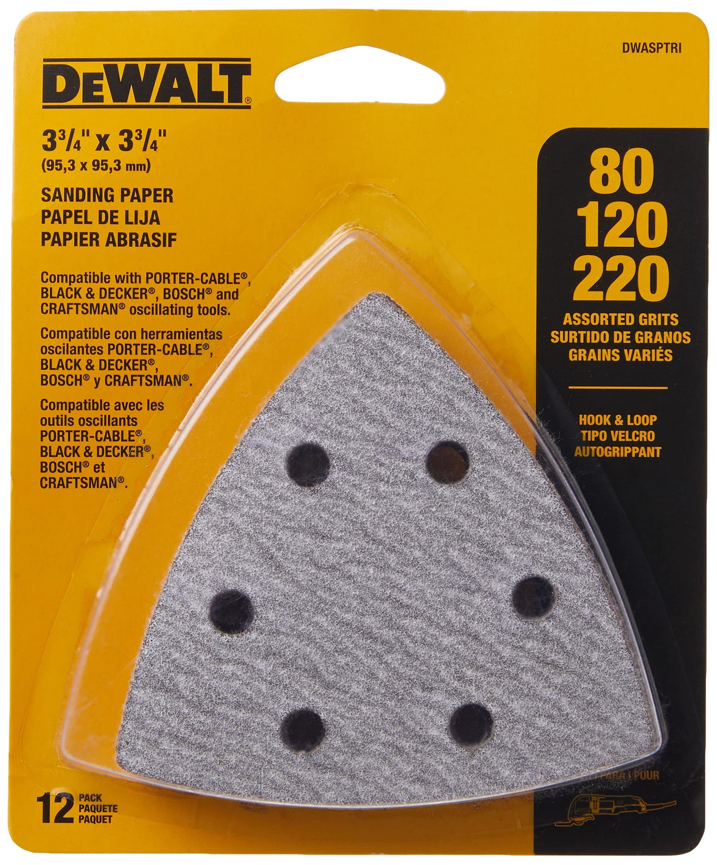 DEWALT Sandpaper Assortment, Hook and Loop Triangle, 12-Pack (DWASPTRI)