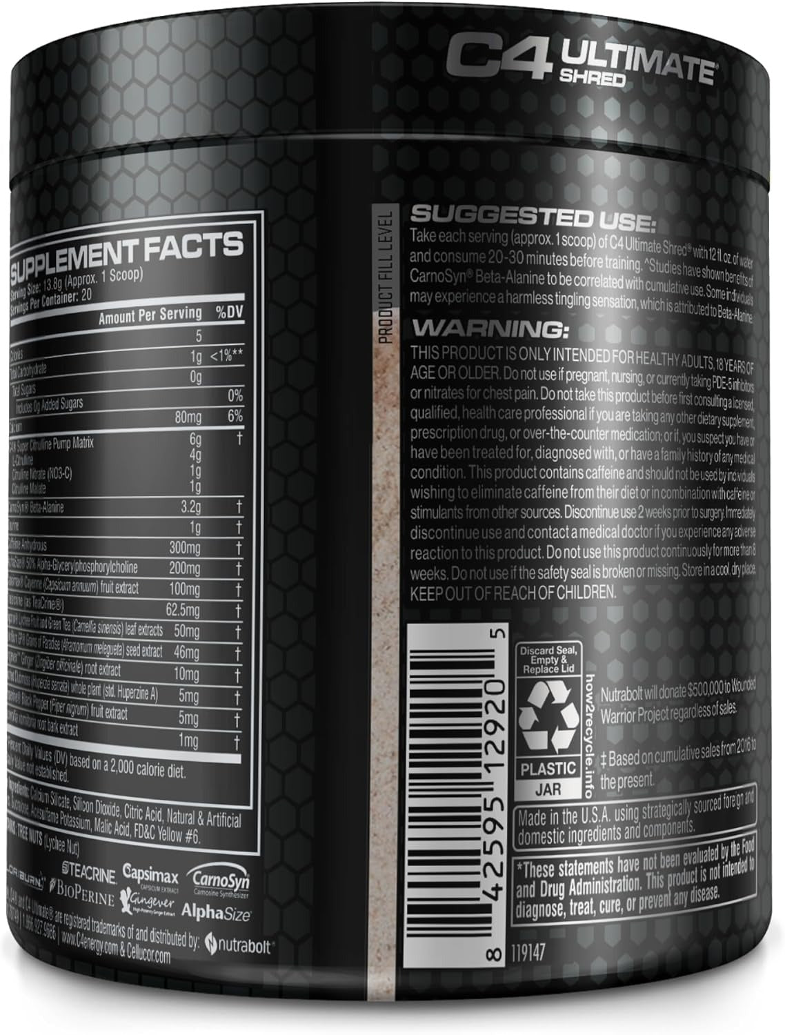 Cellucor C4 Ultimate Shred x Wounded Warrior Project Pre Workout Powder, Fat Burner for Men & Women, Weight Loss Supplement with Ginger Root Extract, Mango Foxtrot, 20 Servings (Pack of 1)