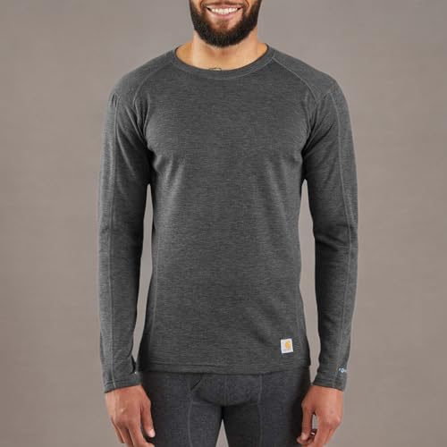 Carhartt Men's Force Midweight Synthetic-Wool Blend Base Layer Crewneck Pocket Top, Dark Black Heather, Large