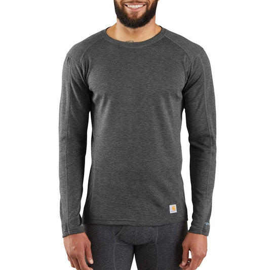 Carhartt Men's Force Midweight Synthetic-Wool Blend Base Layer Crewneck Pocket Top, Dark Black Heather, Medium