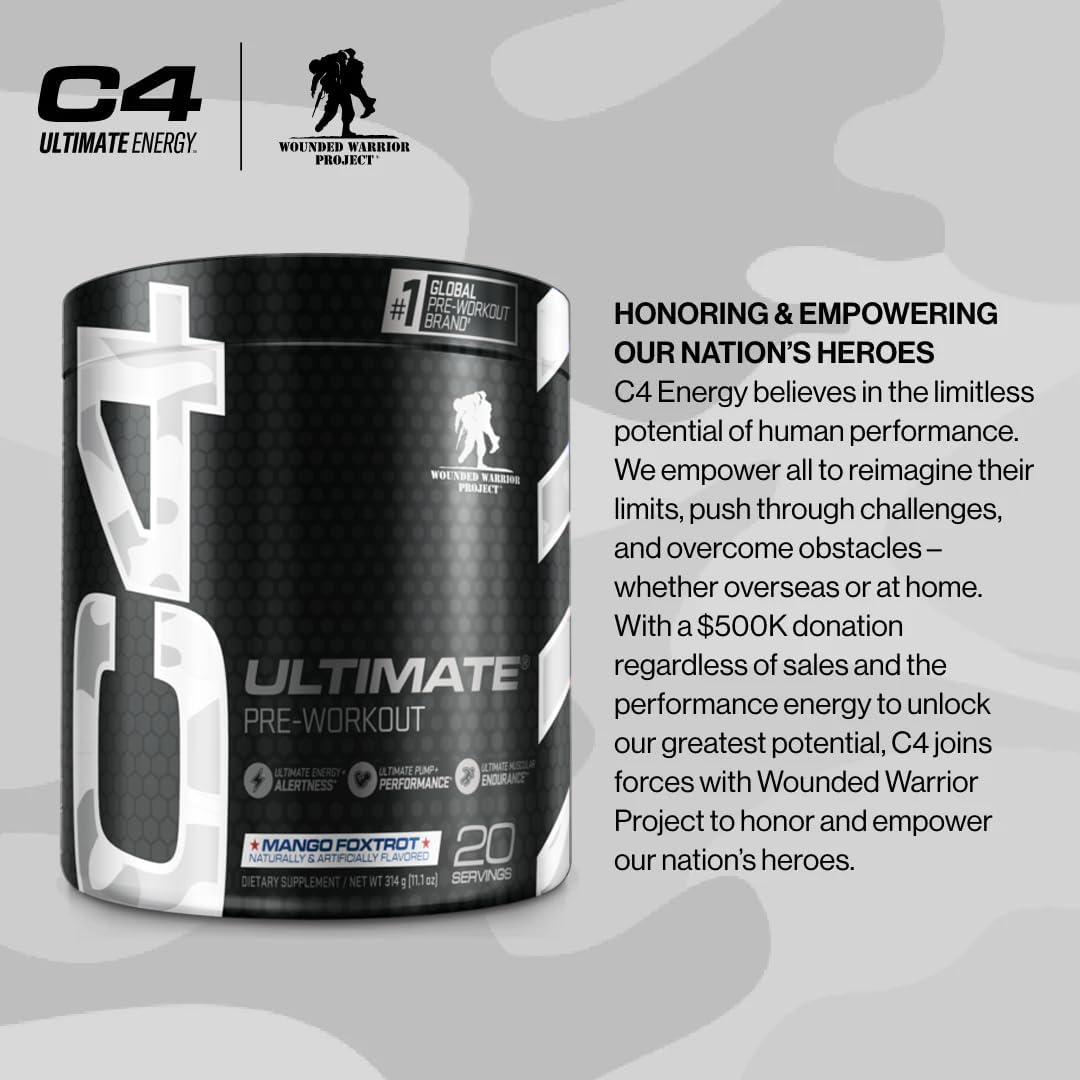Cellucor C4 Ultimate x WWP Pre Workout Powder Mango Foxtrot - Sugar Free Preworkout Energy Supplement for Men & Women - 300mg Caffeine + 3.2g Beta Alanine + 2 Patented Creatines - 20 Servings