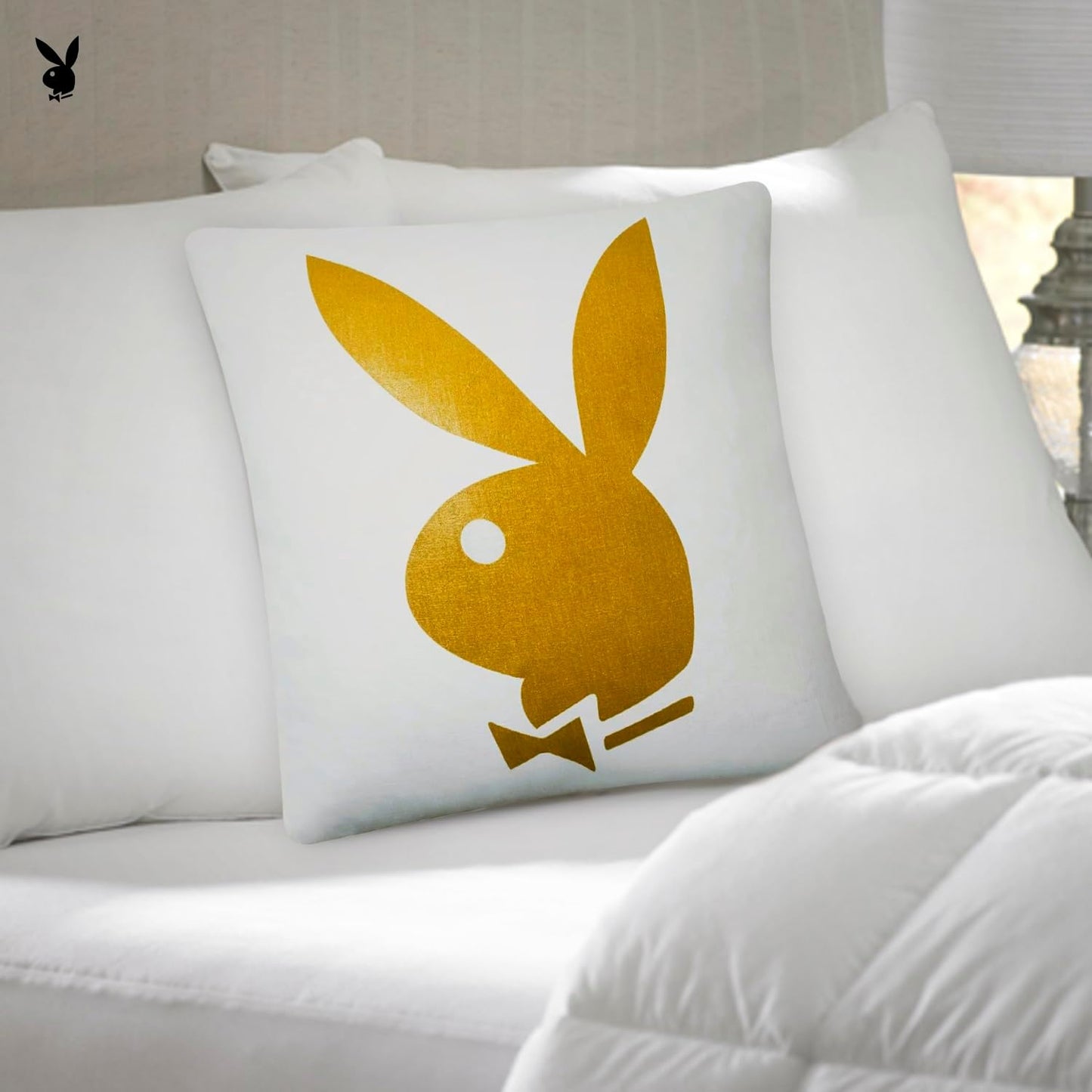 Playboy Metallic Print Comfy Pillow White & Gold.