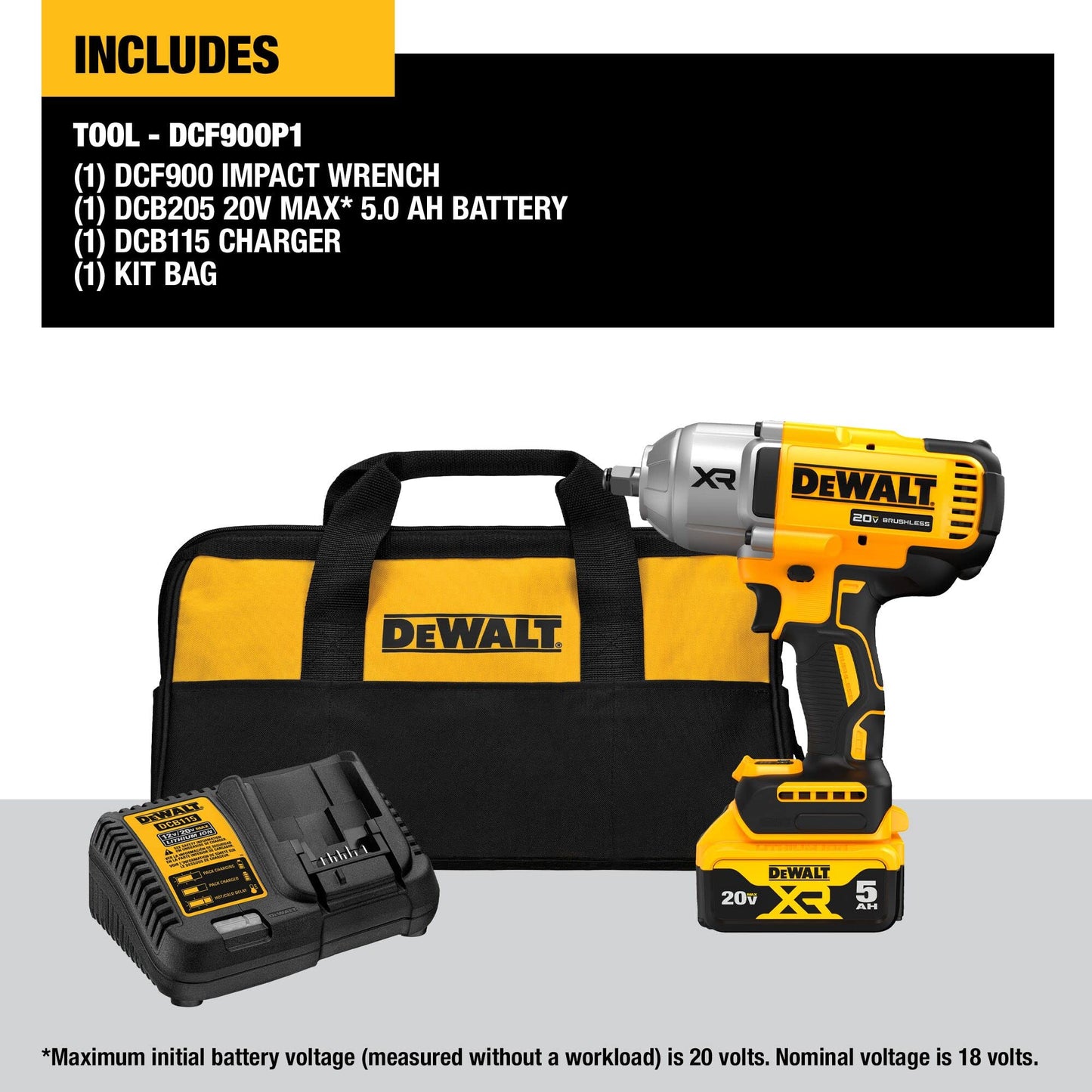 DEWALT 20V MAX Cordless Impact Wrench Kit, 20V MAX, 1/2" Hog Ring With 4-Mode Speed, Includes Battery, Charger and Kit Bag (DCF900P1)