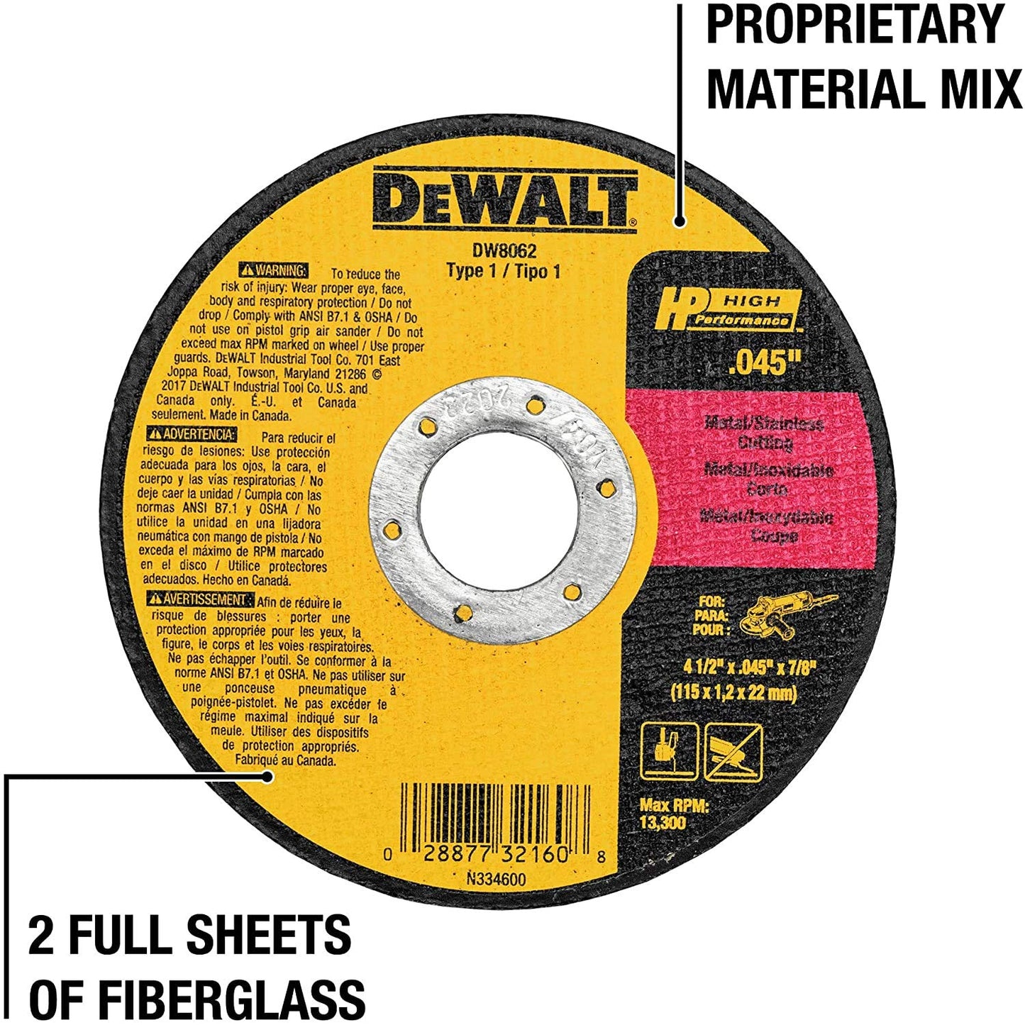 DEWALT Cutting Wheel, General Purpose Metal Cutting, 4-1/2-Inch, 5-Pack (DW8062B5)