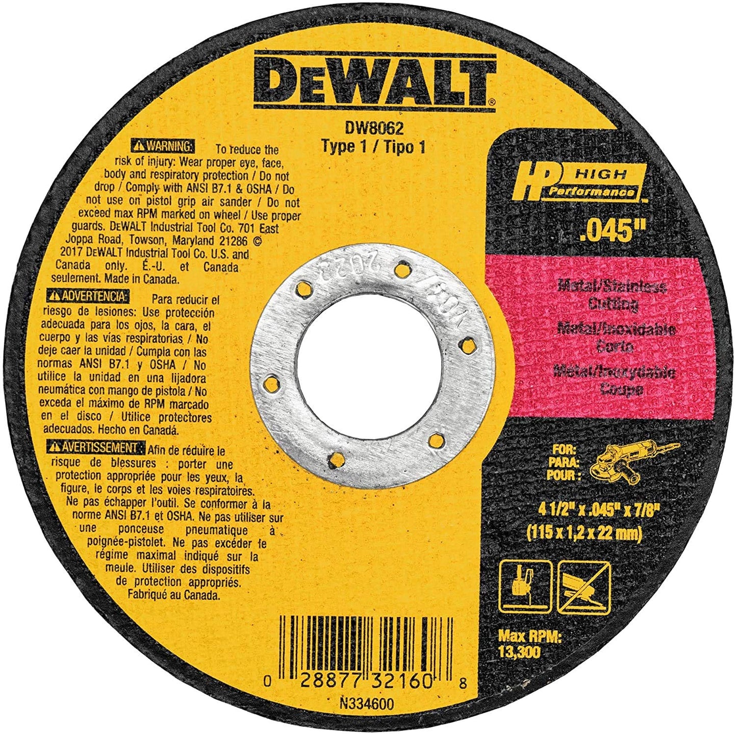 DEWALT Cutting Wheel, General Purpose Metal Cutting, 4-1/2-Inch, 5-Pack (DW8062B5)