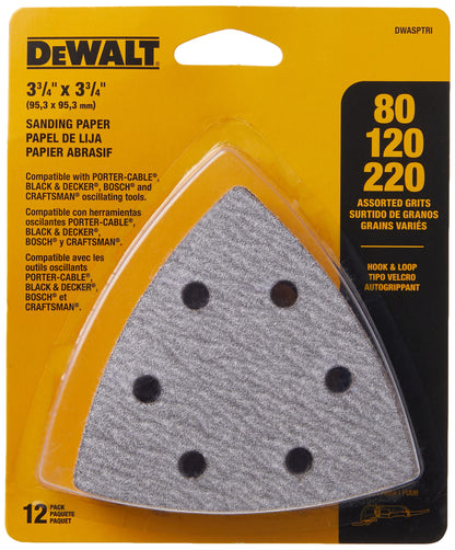 DEWALT Sandpaper Assortment, Hook and Loop Triangle, 12-Pack (DWASPTRI)