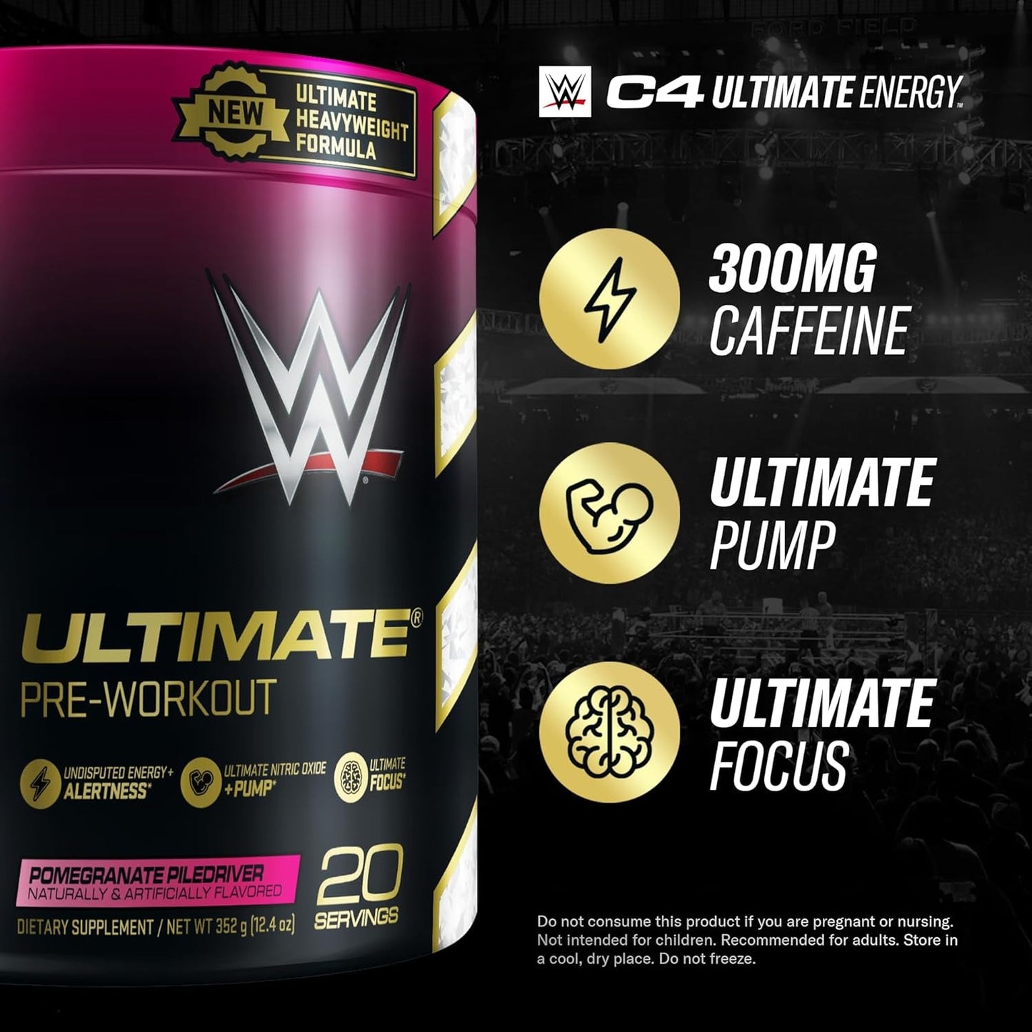 Cellucor C4 Ultimate x WWE Pre Workout Powder Pomegranate PileDriver - Sugar Free Preworkout Energy Supplement for Men & Women - 300mg Caffeine + 3.2g Beta Alanine + Patented Creatines - 20 Servings