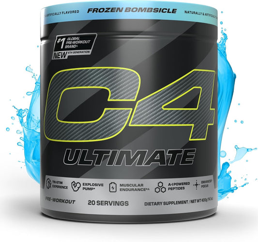 Cellucor C4 Ultimate Pre Workout Powder - Sugar Free Preworkout Energy Supplement for Men & Women - 300mg Caffeine + TeaCrine + Dynamine + Creatine - Frozen Bombsicle, 20 Servings