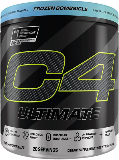 Cellucor C4 Ultimate Pre Workout Powder - Sugar Free Preworkout Energy Supplement for Men & Women - 300mg Caffeine + TeaCrine + Dynamine + Creatine - Frozen Bombsicle, 20 Servings