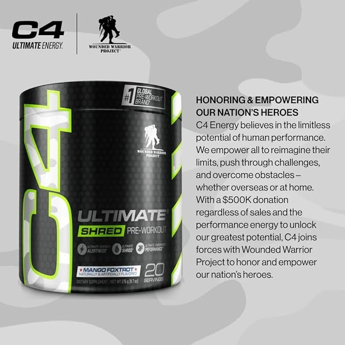 Cellucor C4 Ultimate Shred x Wounded Warrior Project Pre Workout Powder, Fat Burner for Men & Women, Weight Loss Supplement with Ginger Root Extract, Mango Foxtrot, 20 Servings (Pack of 1)