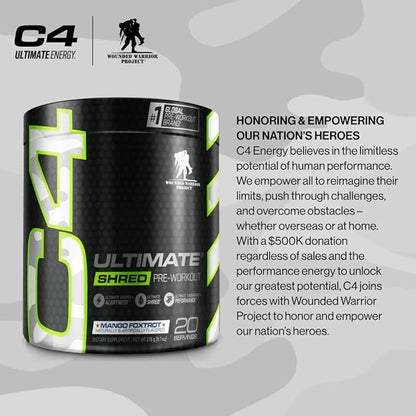 Cellucor C4 Ultimate Shred x Wounded Warrior Project Pre Workout Powder, Fat Burner for Men & Women, Weight Loss Supplement with Ginger Root Extract, Mango Foxtrot, 20 Servings (Pack of 1)
