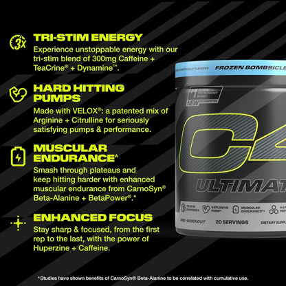 Cellucor C4 Ultimate Pre Workout Powder - Sugar Free Preworkout Energy Supplement for Men & Women - 300mg Caffeine + TeaCrine + Dynamine + Creatine - Frozen Bombsicle, 20 Servings