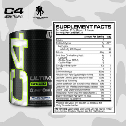 Cellucor C4 Ultimate Shred x Wounded Warrior Project Pre Workout Powder, Fat Burner for Men & Women, Weight Loss Supplement with Ginger Root Extract, Mango Foxtrot, 20 Servings (Pack of 1)