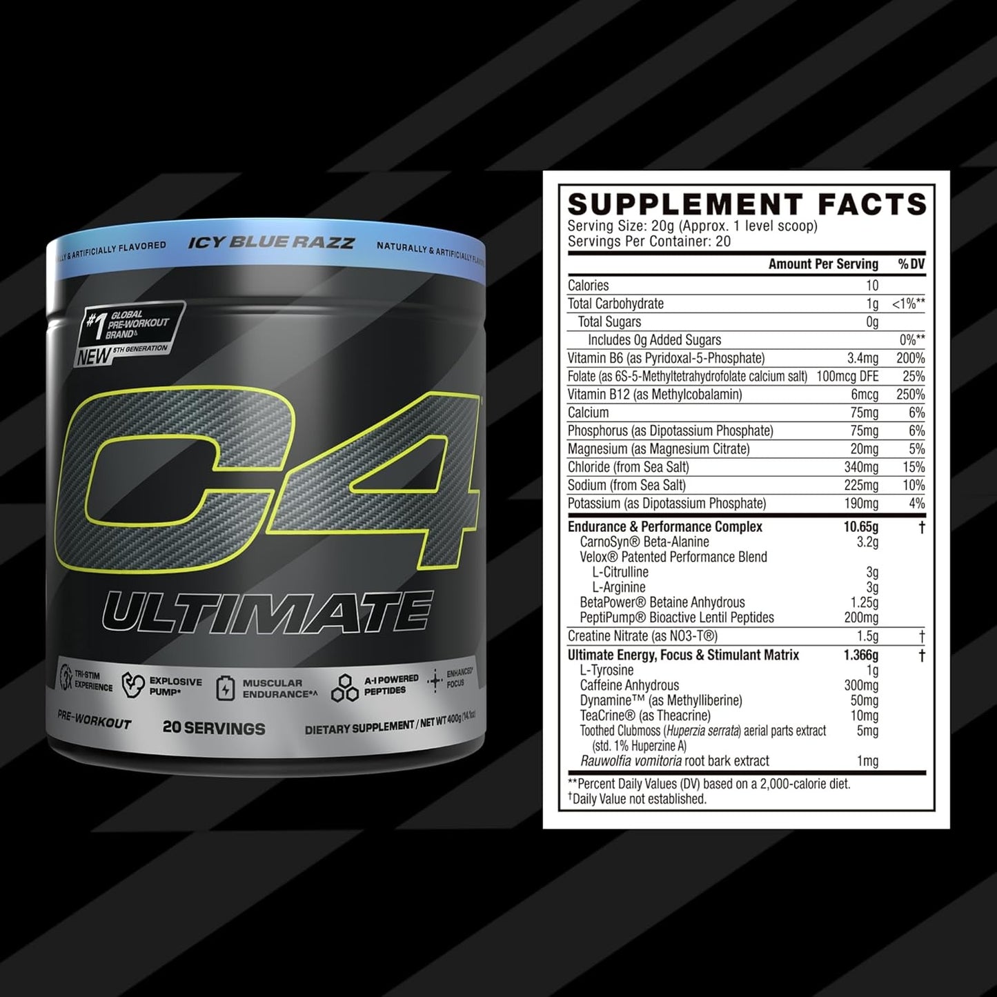Cellucor C4 Ultimate Pre Workout Powder - Sugar Free Preworkout Energy Supplement for Men & Women - 300mg Caffeine + TeaCrine + Dynamine + Creatine - Frozen Bombsicle, 20 Servings