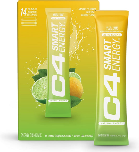 Cellucor C4 Smart Energy Powder Stick Packs - Sugar Free Performance Fuel & Nootropic Brain Booster, Coffee Substitute or Alternative | Yuzu Lime - 14 Count