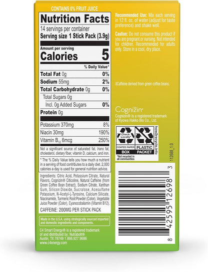 Cellucor C4 Smart Energy Powder Stick Packs - Sugar Free Performance Fuel & Nootropic Brain Booster, Coffee Substitute or Alternative | Yuzu Lime - 14 Count