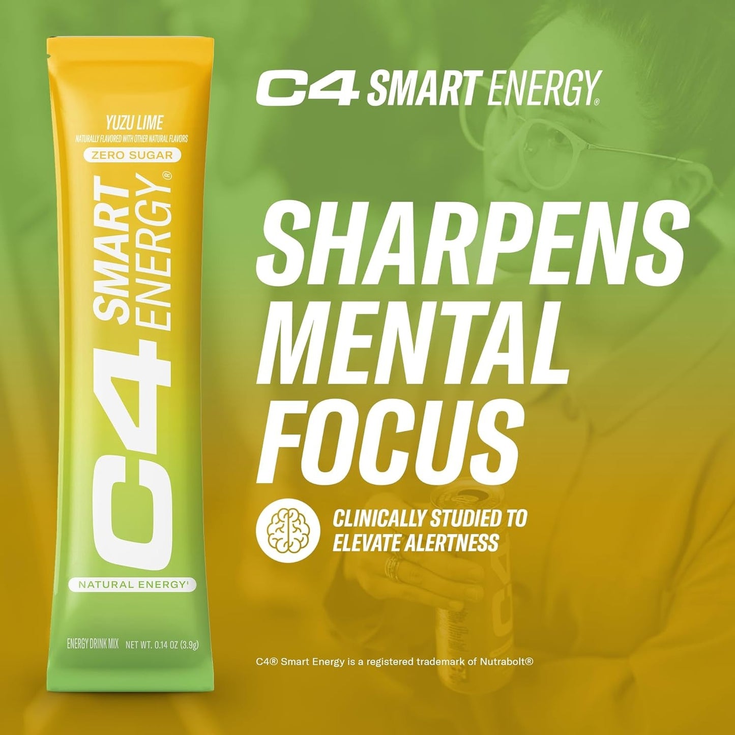 Cellucor C4 Smart Energy Powder Stick Packs - Sugar Free Performance Fuel & Nootropic Brain Booster, Coffee Substitute or Alternative | Yuzu Lime - 14 Count